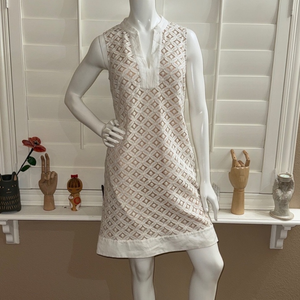 Sleeveless White and Tan Geometric Dress